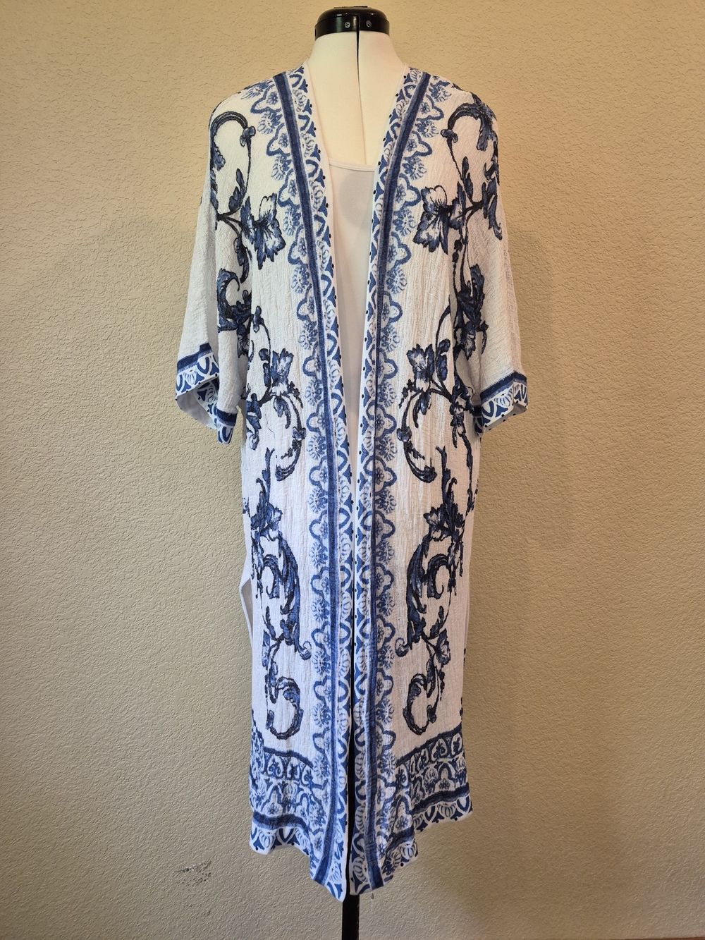 Chico's White and Blue Floral Scroll Maxi Kimono